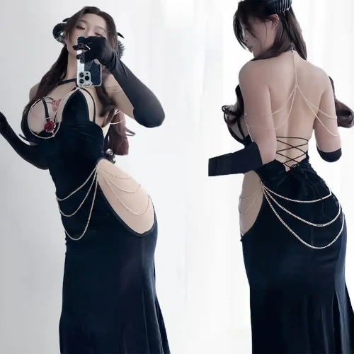 modakawa Sexy Halter Hollow Out Backless Chain Fishtail Dress