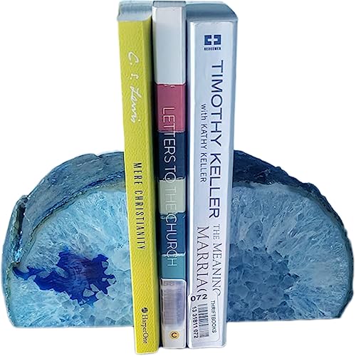 JIC Gem 3 to 4 Lbs Agate Bookends Dyed Blue Polished 1 Pair with Rubber Bumpers for Office Décor and Home Decoration - 2-3LBS. Blue Dyed