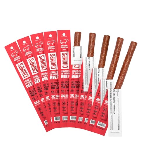Chomps Grass-Fed and Finished Original Beef Jerky Snack Sticks 10-Pack - Keto, Paleo, Whole30, 10g Lean Meat Protein, Gluten-Free, Zero Sugar Food, Non-GMO - Original Beef - 10ct.