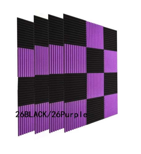 YDHTDLHC 52 Pack Acoustic Panels Studio Foam Wedges 12"X12" X1" Sound Proof Foam Panels Noise Cancelling Foam Acoustic Foam for Church, Anchor Room, Singing Room, Home Theater (Black/Purple) - Black /Purple