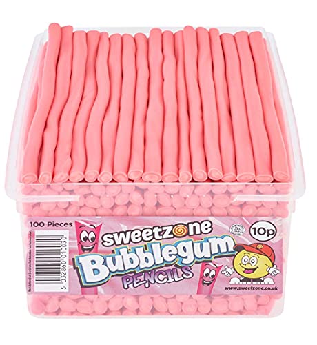 Sweetzone Bubblegum Pencils Sweets Tub, Pencil Sweets, 100 pc, Halal Sweets, Wine gums, American Gum, British Sweets, Sweet Pie, Licorice Sweet, Liquorice Allsorts, Irresistible for Candy Lovers - Bubblegum