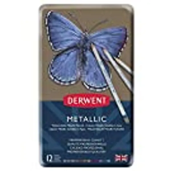 Derwent Metallic Water Soluble Pencils, 3.4mm Core, Metal Tin, Drawing, Art, 12-Pack (0700456)