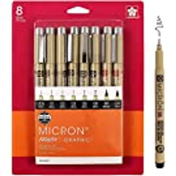 Sakura Pigma 30067 Micron Blister Card Ink Pen Set, Black, 8/Set