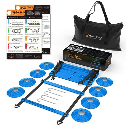 MANTRA SPORTS Conos Entrenamiento Futbol y Kit Entrenamiento Futbol Niños, Material Circuito Agilidad, Set Escalera Entrenamiento de Agilidad, Escalera Deporte para Entrenar Fútbol, Baloncesto, Tenis - Azul