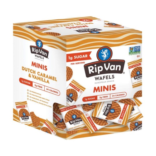 Rip Van Wafels Dutch Caramel & Vanilla Mini Stroopwafels - Low Carb Snacks (3g Net Carbs) - Non GMO Snack - Keto Friendly - Office Snacks - Low Calorie Snack (34 Calories) - Low Sugar (1g) - 32 Pack - Dutch Caramel & Vanilla 32 Count (Pack of 1)