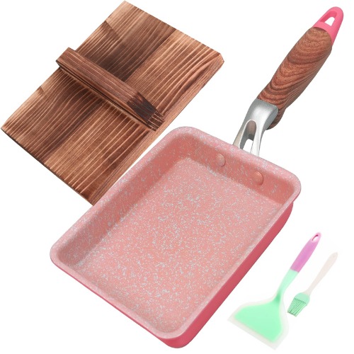 DXBVIEX Japanese Omelette Pan Nonstick With Wooden Lid, Rectangle Tamagoyaki Pan, Small Square Frying Egg Roll Pan, 5.7"x 7.6" With Spatula & Brush (Pink) - Pink
