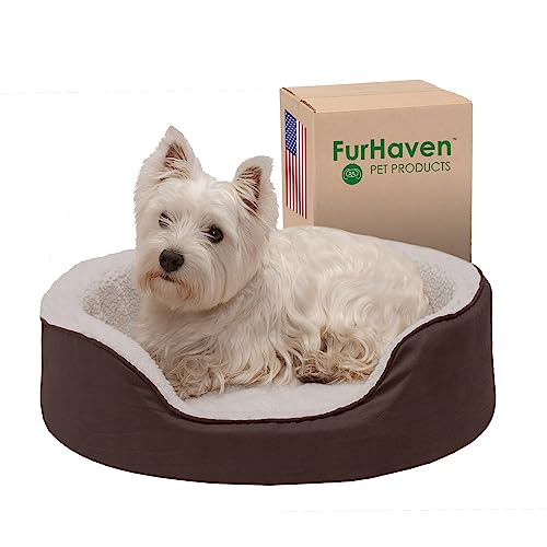 Furhaven Orthopedic Dog Bed for Medium/Small Dogs w/ Removable Washable Cover, For Dogs Up to 18 lbs - Sherpa & Suede Oval Lounger - Espresso, Medium - Oval (Orthopedic Base) - Medium - Sherpa & Suede Espresso