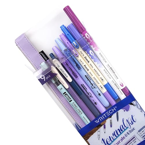 WRITECH Journaling Kit, Gel Ink Pens/Retractable Highlighters/Dual Tip Brush Pens/Fineliner Pens, Smooth Writing Assorted Colors Journaling Supplies, 9 Count with Pen Bag (Haze blue & purple) - Blue & Purple - 1 Count (Pack of 9)