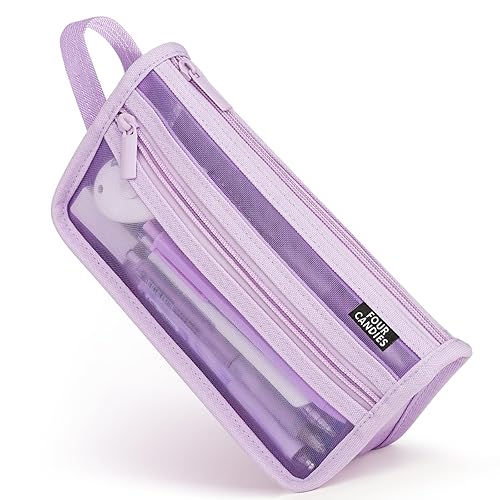 Four Candies Grid Mesh Pencil Case with Handle and Zipper, Clear Double-layer Pencil Pouch Marker Pouch, Travel Makeup Bag, Cute Transparent Stationary Organizer Pen Bag for Adult Office College - Purple