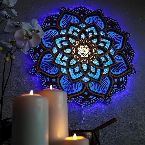 jvsufuik Mandala Wall Decor, Lighted Mandala Wall Art with LED Light, Lotus Flower Wall Art Decor, Boho Wooden Flower Night Light, Meditation Wall Hanging, Bohemian Yoga Home Decoration
