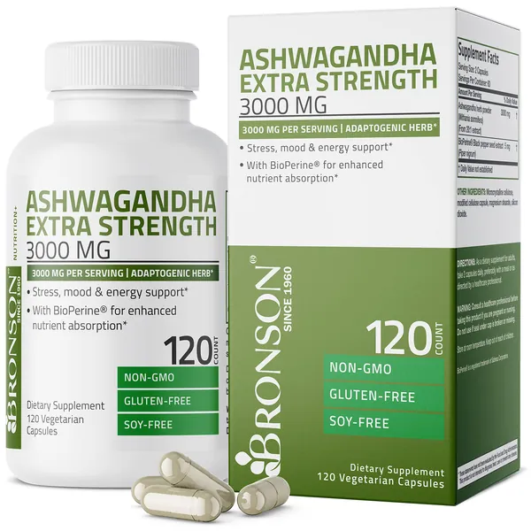 Bronson Ashwagandha Extra Strength 3000 mg Stress & Mood Support with BioPerine - Non GMO Formula, 120 Vegetarian Capsules