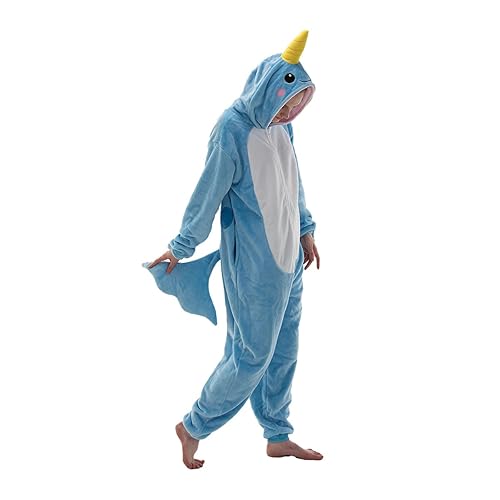 COSUSKET Snug Fit Unisex Adult Onesie Pajamas, Flannel Cosplay Animal One Piece Halloween Costume Sleepwear Homewear - Narwhal - X-Large