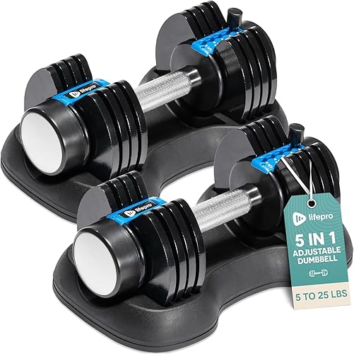 LifePro Adjustable Dumbbell Set/Single – 90lb, 25lb Dumbbells Set of 2, and Single piece - Quick Change Rotating Hand Weights for Women/Men at Home Gym Weight System, Ideal for Home Strength Training - 25lbs - Pair