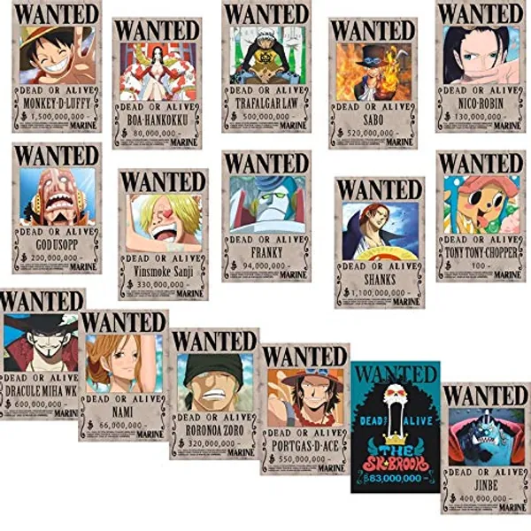 Bamboo's Store One Piece Wanted Posters, 42 cm × 29 cm, New Edition, Luffy 1.5 Billion, Zoro 320 Million, Set of 16 - 