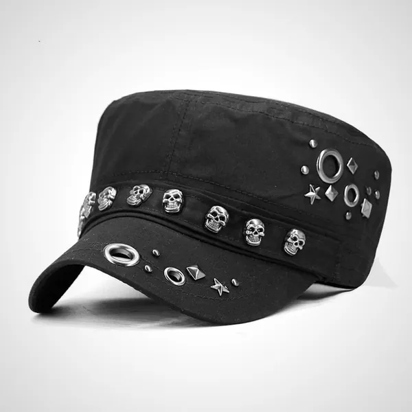 Flat Top Patrol Cap with Metal Skulls and Rivets. This Hat is Made of Soft, Thin Cotton Material. Only the Peak is Hard.