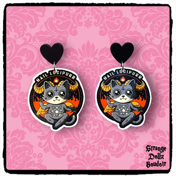 Cute Lucifer earrings, 925 sterling silver, Cute cat earrings, Gothic earrings