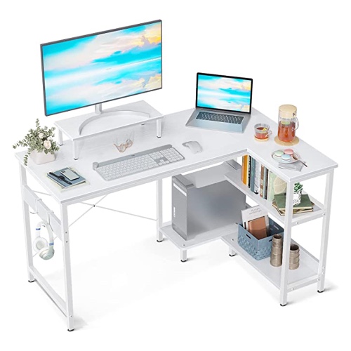 ODK L Shaped Computer Desk with Reversible Storage Shelves, L-Shaped Corner Desk with Monitor Stand for Small Space, Modern Simple Writing Table for Home Office Desk, 118 * 80 * 86.4cm White - 118 x 80cm - White