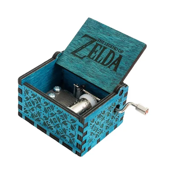 18 Note Engraved Wooden Legend of Zelda Theme Music Box,Antique Carved Hand Crank Musical Box Gift,Blue - Blue