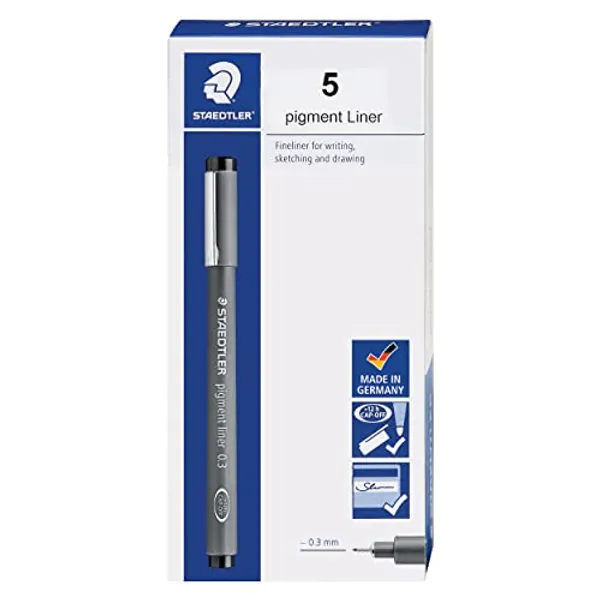 STAEDTLER Pigment Liner, Fineliner Pen for Drawing, Drafting, Journaling, 0.3mm, Black, Box of 5 Pens, 308 03-9M - 0.3mm