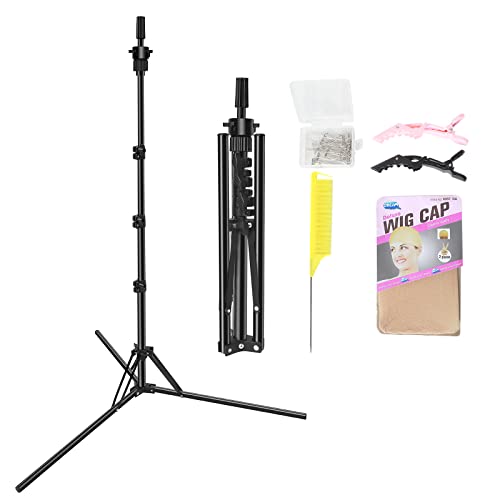 LNASI Mannequin Head Stand, Upgrade Foldable Wig Stand Tripod for Cosmetology Hairdressing Training, Metal Adjustable Wig Head Stand with Wig Caps, T-Pins, Comb, Hair Clips