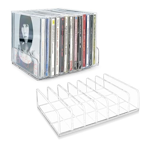 Philbinden 2 Pcs Clear Acrylic CD Holder, DVD/CD Display Rack & CD Storage Box & Vinyl Record Storage Stand Holds up to 14 Standard CD Cases for Media Shelf Storage and Organization