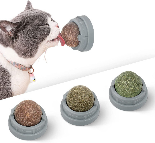 Potaroma 3 Silvervine Catnip Balls, Edible Kitty Toys for Cats Lick, Safe Healthy Kitten Chew Toys, Teeth Cleaning Dental Cat Toy, Cat Wall Treats (Grey) - Gray