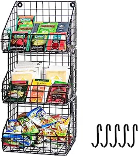 3 Tier Stackable Tea Bag Organizer with 5 Hooks Metal Wire Basket Coffee Condiment Snack Rack Holder Countertop Caddy Bin Wall Mount Shelf for Office Kitchen Cabinet Pantry Patent Desgin