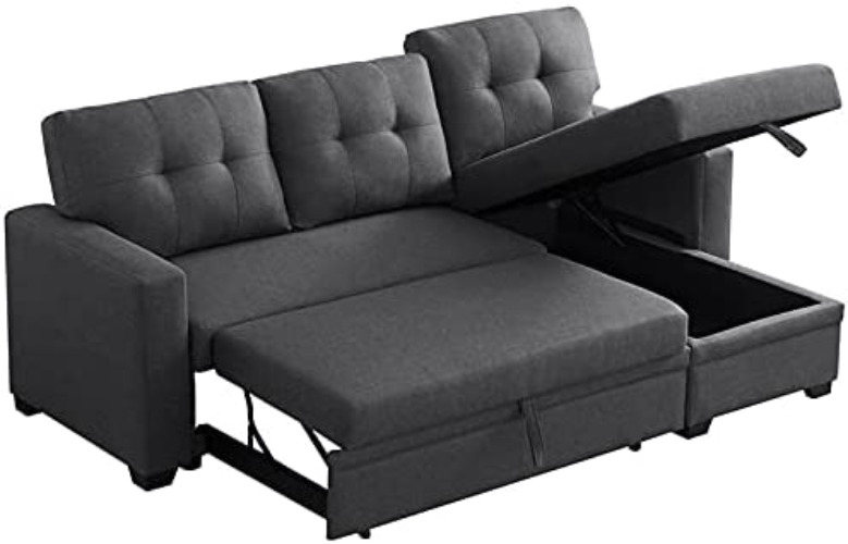 Devion Furniture Contemporary Reversible Sectional Sleeper Sectional Sofa with Storage Chaise in Dark Gray Fabric - Dark Gray