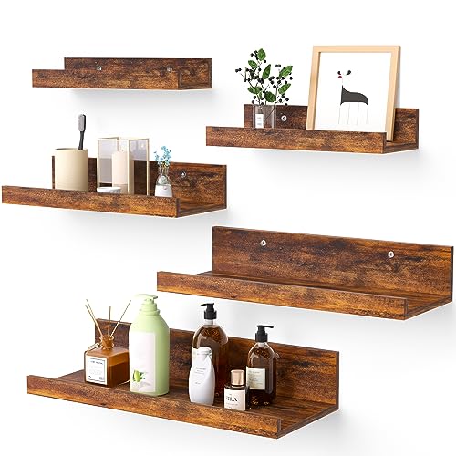 Upsimples Home Floating Shelves for Wall Decor Storage, Wall Shelves Set of 5, Wall Mounted Wood Shelves for Bedroom, Living Room, Bathroom, Kitchen, Small Picture Ledge Shelves, Brown - Brown - 15.7