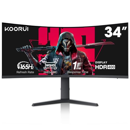KOORUI 34 Inch Ultrawide Curved Gaming Monitor 165HZ, 1ms, 1000R, WQHD 3440 * 1440, 21:9, DCI-P3 90% Color Gamut, Adaptive Sync Compatible, Tilt/Height Adjustable Stand, HDMI, Display Port, Black - 34inch/WQHD/165hz