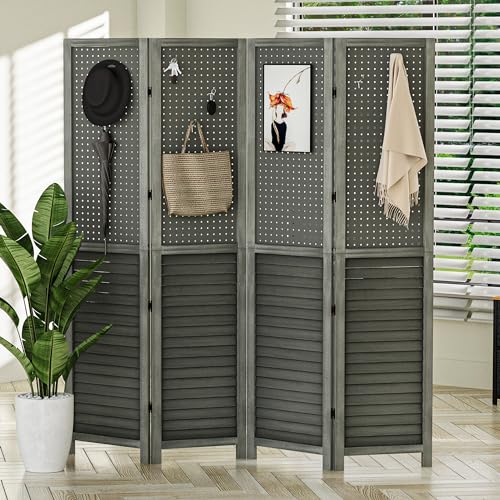 YITAHOME 5.6FT Wood Room Divider 4 Panel Folding Privacy Screens and Pegboard Display, Freestanding Portable Wall Divider Room Partition for Jewelry, Craft Show, Retail, Bedroom