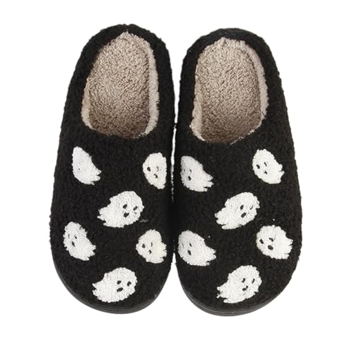 Qubuwalk Halloween Pumpkin Slippers for Women Men Spooky Slides Soft Plush Fuzzy Slippers Cozy House Slippers Indoor Outdoor Shoes - 5.5-6 Women/4.5-5 Men - Ghost a