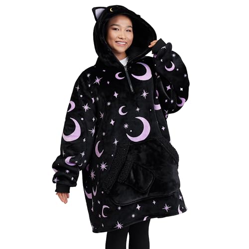 Giggling Getup Halloween Wearable Blanket Hoodie - Cat Oversized Soft Sherpa Fleece Hooded Blanket - Warm Cozy Plush Flannel Blanket Sweatshirt Gifts - with Giant Pocket & Sleeves for Adult Women Men - Black Cat - Adult