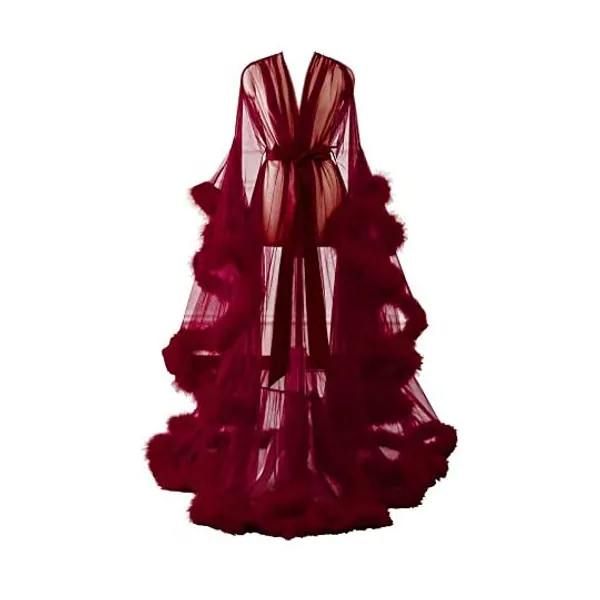 
                            Changuan Sexy Illusion Long Lingerie Robe Nightgown Bathrobe Sleepwear Feather Bridal Robe Wedding Scarf
                        