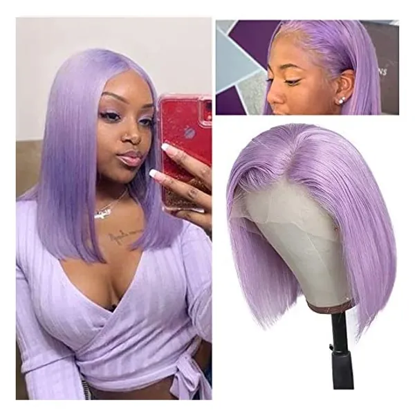 
                            Lace Bob Wigs Lilac Human Hair 13x1x6 Swiss Lace Wigs Pre Plucked Hairline Middle Part Silky Straight Brazilian Virgin Hair 10inch 150% Density Bleached Knots Wigs for Women(Could be Restyled)
                        