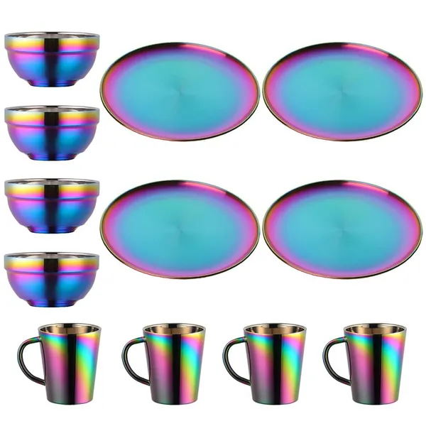 Dinnerware Sets Plates And Bowls Espresso Cups, Stainless Steel Dishes Pasta Bowls Insulated Coffee Mugs Set of 4, 12 Pcs Kitchen Essentials For Home Apartment Wedding Buyer Star, Rainbow - Rainbow 11.8 inch plate/5.1 inch bowl/cups