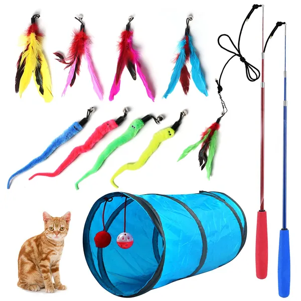M JJYPET Retractable Cat Toy Wand, 12 Packs Interactive Cat Feather Toys, 9 Assorted Teaser Refills with Bell for Cat Kitten - Blue