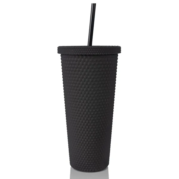 24Oz Studded Matte Black Tumbler, Reusable Plastic Cup, with Lid and Straw, Studded Double Venti Cup,Water Bottle, 100% BPA Free, Insulated Cold Only, Leak Proof, Wide Mouth for Easy Cleaning (Black) - Black