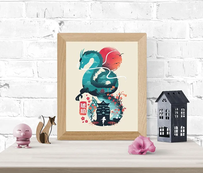 Japanese Dragon Art Print - Ukiyo-e Wall Art 8 x 10 Unframed Japanese Anime Artwork Haku Dragon Print Hayao Miyazaki Wall Hanging Cool Movie Inspired Home Decor, Chihiro Bathhouse Illustration - 