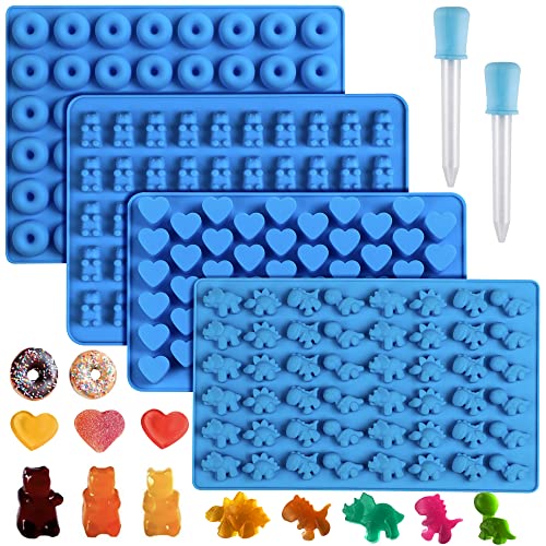 Sidosir 4Pcs Gummy Candy Molds, Gummy Bear Molds, Gummy Dinosaur Molds, Gummy Donut Molds and Gummy Hearts Molds, Non-stick Silicone Candy Molds with 2 Droppers (4Shapes) - 4Shapes