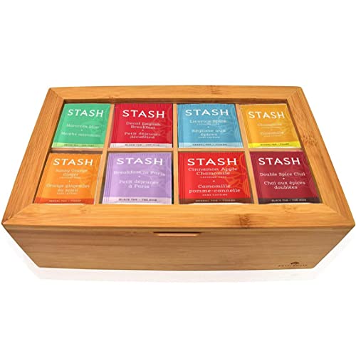 BLUE RIBBON Stash Tea Bags Sampler Assorted Tea Bags in Bamboo Gift Box 80 Count 30 Flavors Gifts For Women Men Family Friends Coworkers - Elegant Bamboo Organizer - 80 Count