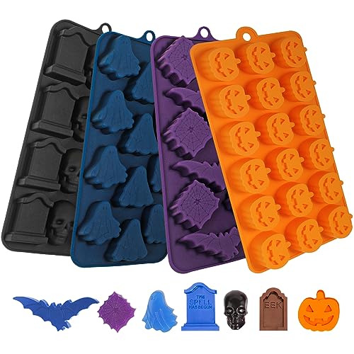 Webake Halloween Chocolate Mold Silicone Candy Molds with Pumpkin Skull and Tombstone Ghost Bat and Spider Chocolate Mold for Halloween Party and Cake Decoration(4PCS) - Halloween