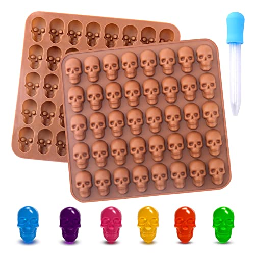 BUSOHA Gummy Skull Candy Molds Silicone, 2 Pack 40 Cavity Non-Stick Skull Silicone Molds with 1 Droppers for Chocolate, Candy, Jelly, Ice Cube, Dog Treats - 2 PCS