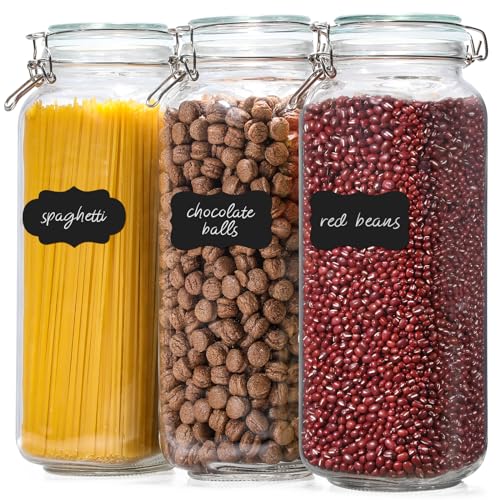 VITEVER [ Taller ] 92oz Glass Jars with Airtight Lid, Large Glass Food Storage Jars, 3 Pack Wide Mouth Airtight Glass Jars for Kitchen Pantry Spaghetti, Square Mason Jars with Labels - 3pack-92oz-Square