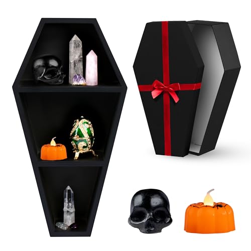 MANNY'S MYSTERIOUS ODDITIES Coffin Shelf with Coffin Storage Box and Spooky Accessories Set - Spooky Coffin Decor 14 by 7 Inches - Black - Black
