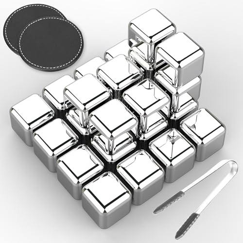 24 Pack Stainless Steel Ice Cubes Reusable - CANWUPON wine Ice Cubes Stainless with Ice Tongs and Whiskey Stones - MEN GIFTS for Drinks, Whiskey, Vodka, Wine, Chilling Rocks, Chilling Rocks for Drinks - 24