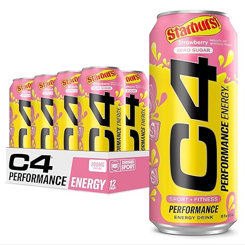 Cellucor C4 Performance Energy Drink | STARBURST Strawberry | Zero Sugar Carbonated Preworkout Energy | 200mg Caffeine with Beta Alanine | 16 Fl Oz (12 Pack) - C4 STARBURST™ Strawberry - 16 Fl Oz (Pack of 12)