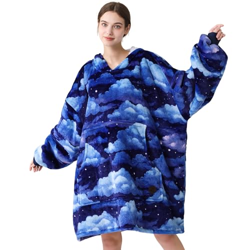 THREE POODLE Wearable Blanket Hoodie, Oversized Sherpa Sweatshirt Blanket for Adults Women Men, Warm Cozy Hooded Blanket, Gifts for Mom Girlfriend - Cloudy Sky - Adult