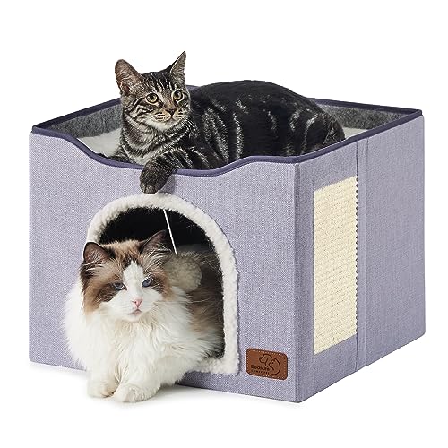 Bedsure Cat Beds for Indoor Cats - Large Cat Cave for Pet Cat House with Fluffy Ball Hanging and Scratch Pad, Foldable Cat Hideaway,16.5x16.5x13 inches, Light Purple - Single - Light Purple