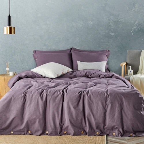JELLYMONI Purple 100% Washed Cotton Duvet Cover Set, 3 Pieces Luxury Soft Bedding Set with Buttons Closure. Solid Color Pattern Duvet Cover Queen Size(No Comforter)